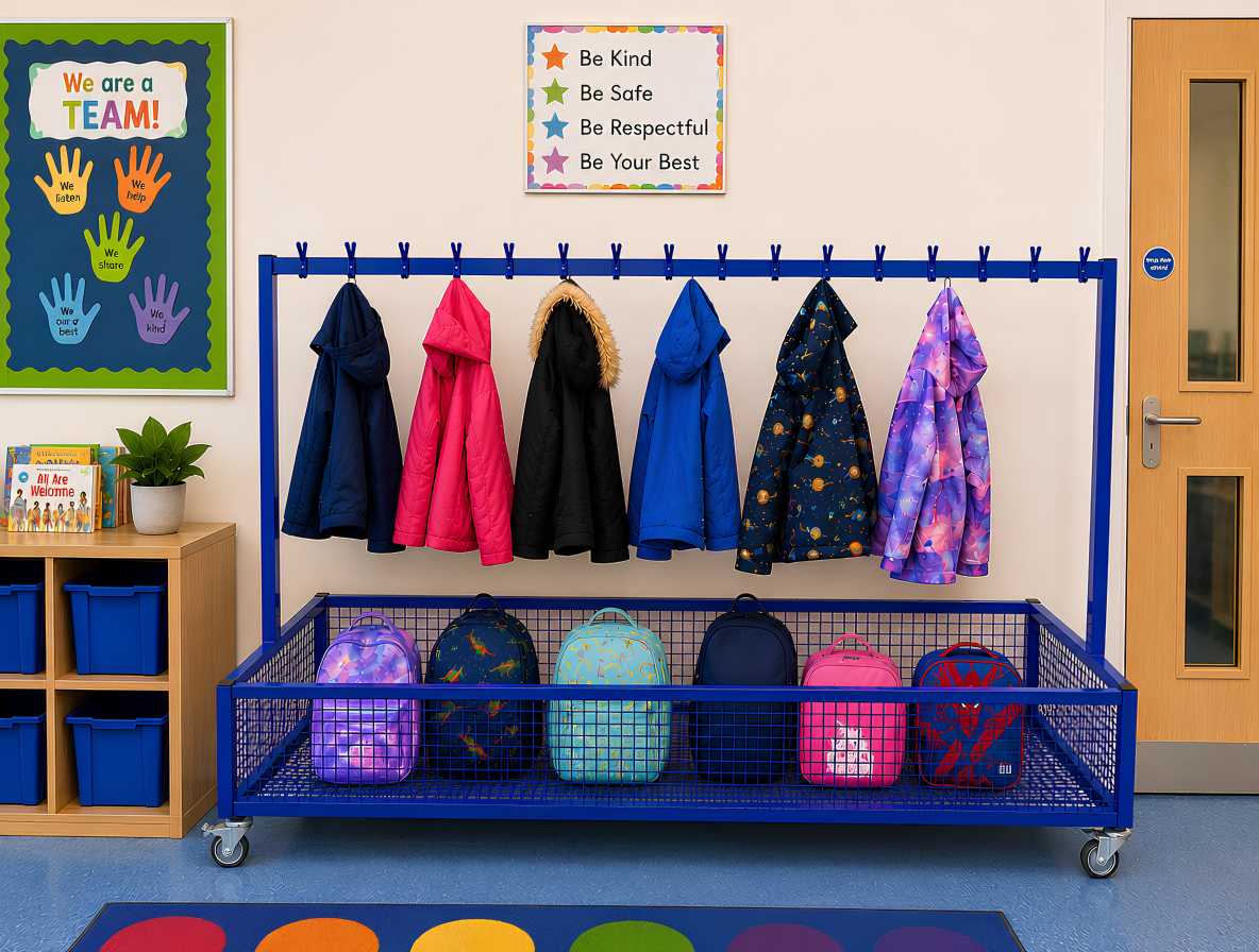 NA202 double cloakroom trolley in a school cloakroom
