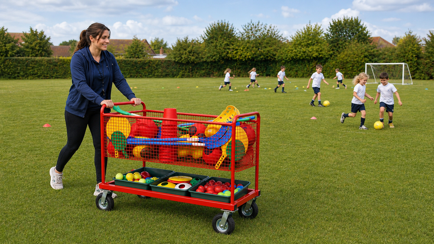Teacher moving sports equipment trolley on a school field